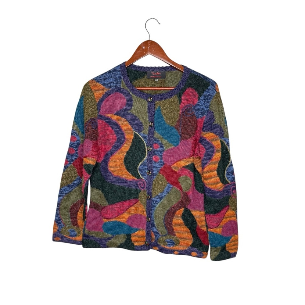 Tey Art Alpaca Wool Psychedelic Knit Cardigan Sweater Cozy Grandma Artsy